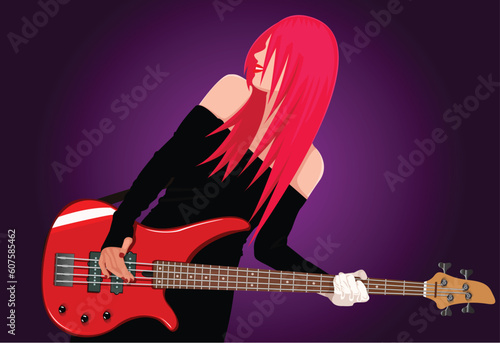 Vector illustration of smiling rock girl with red bass guitar