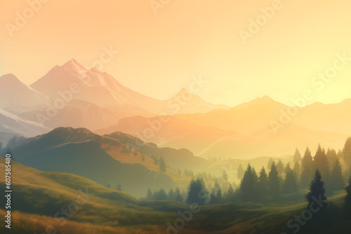 A tranquil mountain valley bathed in the soft, warm glow of a setting sun. AI-Generated.