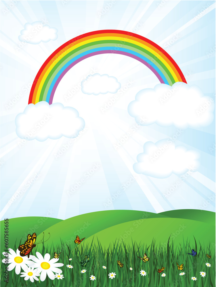 Sunny landscape with rainbow sky and butterflies
