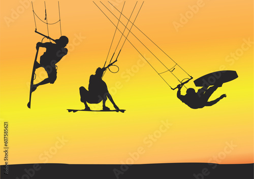 Selection of kite boarding Ariel jump silhouettes, individually grouped and fully editable illustrations with sunset background.