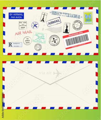 Air mail envelope with postal stamps, stickers and postmarks