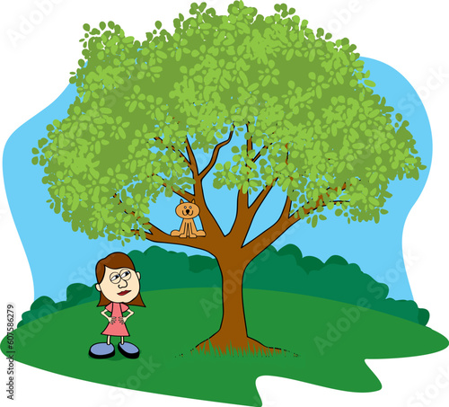 Illustration of a girl glaring at her cat stuck in a tree.