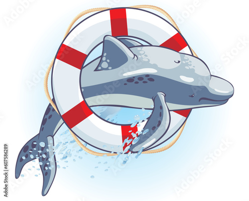 Vector emblem with a dolphin and a life buoy.