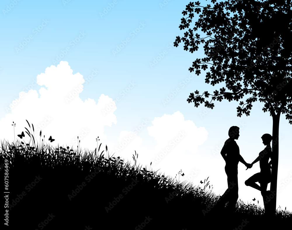 Editable vector silhouette of a young couple in a field with people, tree and grass as separate elements Editable vector silhouette of a young couple in a field with people, tree and grass as separate elements