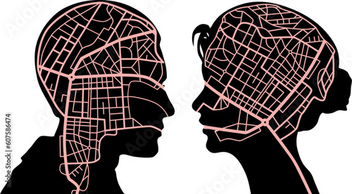 Editable vector illustration of roadmaps in the minds of a man and woman