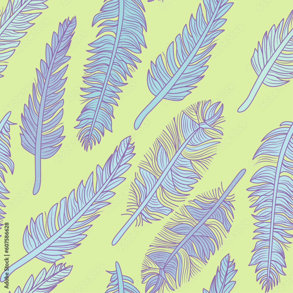 Fototapeta feather seamless pattern on green background. Vector illustration for the textile industry.