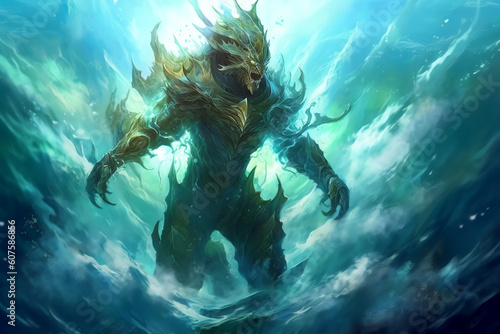 Amphibian humanoids fantasy fish person deep in the ocean - Generative AI © mr_marcom