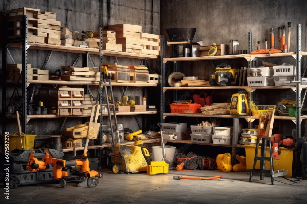 stock photo of warehouse room with stuff tools equipment photography Generative AI stock photo of warehouse room with stuff tools equipment photography Generative AI