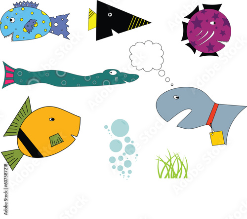 Funny and stupid fishes with bubble plant