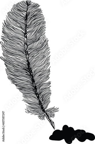 black and white feather illustration with ink spot