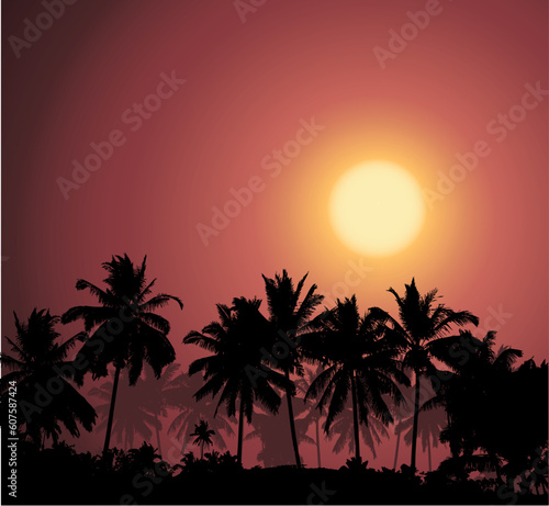 Fototapeta Naklejka Na Ścianę i Meble -  Tropical sunset, palm tree silhouette