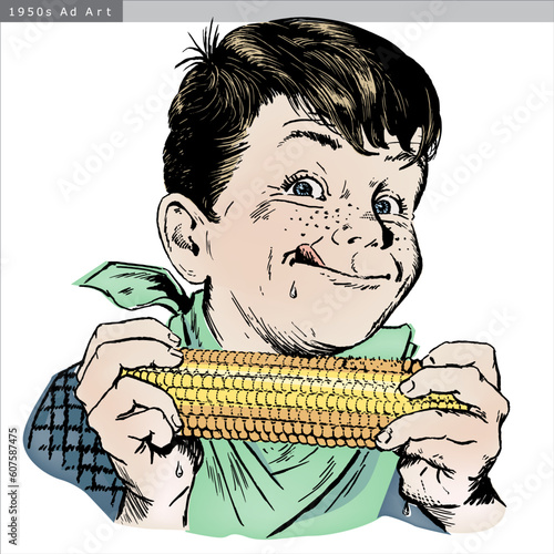 Vintage 1950s etched-style boy eating corn on the cob; detailed black and white from authentic hand-drawn scratchboard includes full colorization.