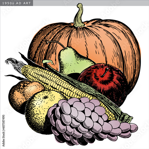 Vintage 1950s etched-style harvest of fruit and vegetables; detailed black and white from authentic hand-drawn scratchboard includes full colorization