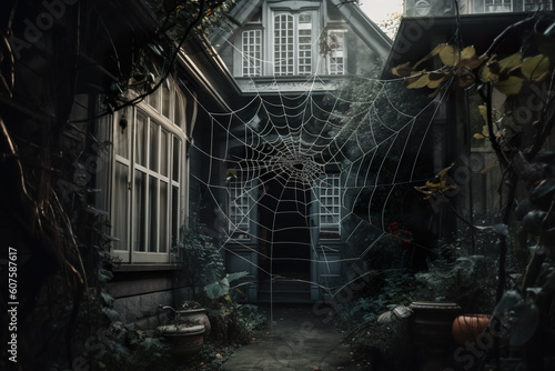 A house with a spider web in front of it. AI generative.