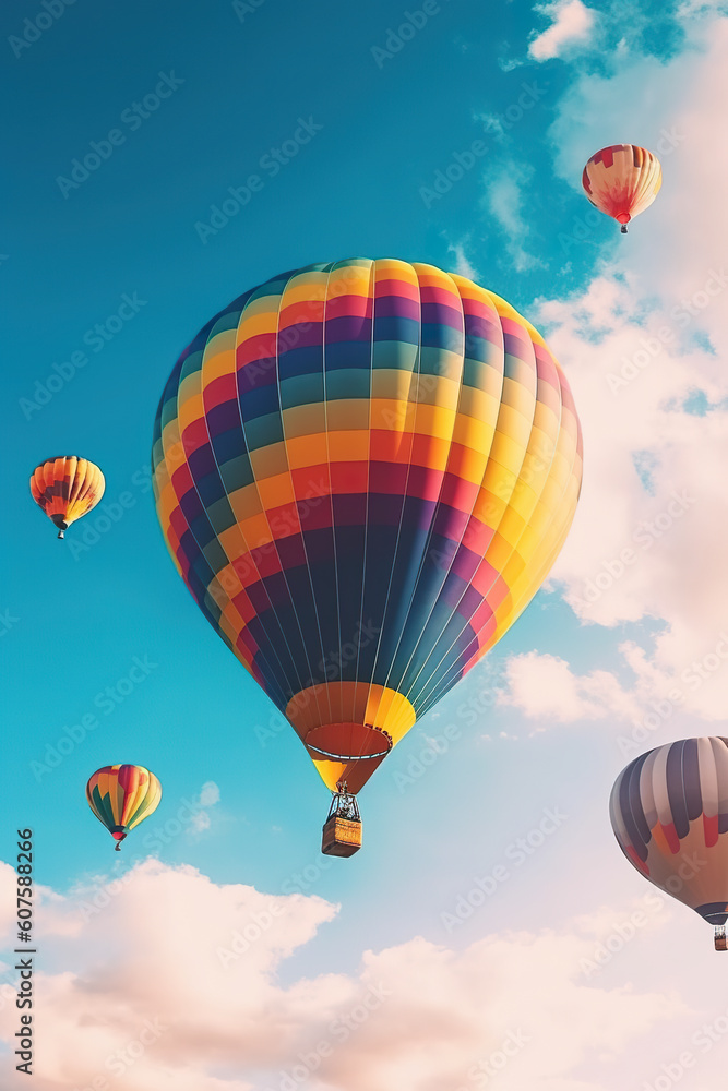 A group of hot air balloons flying through a blue sky. Generative AI.