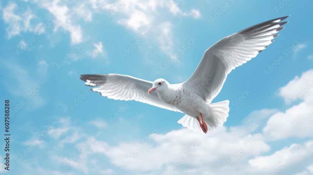 seagull fly against the blue sky with clouds. Sea bird gracefully fly in the air. Generative AI