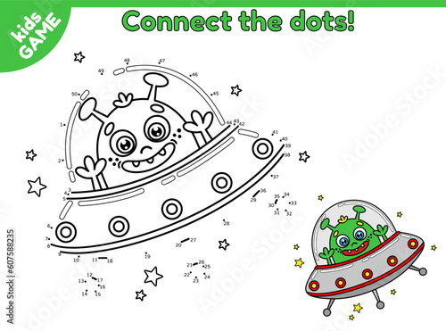 Dot to dot game for children. Connect the dots and draw a cartoon extraterrestrial in flying saucer. Page of activity book with cute alien and ufo. Vector space characters. Educational puzzle for kids