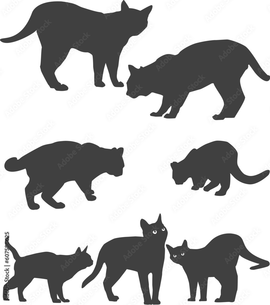 Dark siluets of cats, at different positions.Made at Adobe illustrator x4