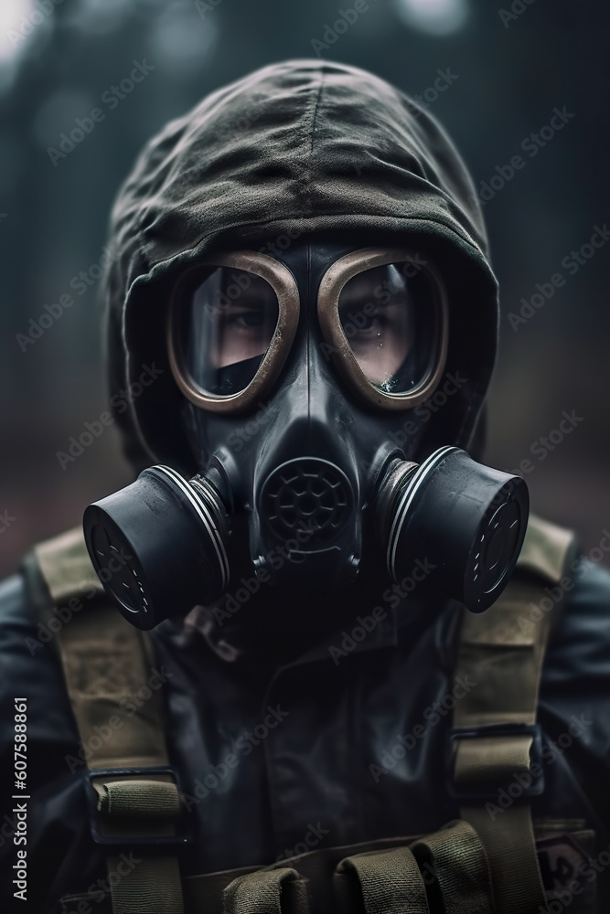 A man wearing a gas mask and goggles. Generative AI. A man wearing a gas mask and goggles. Generative AI.