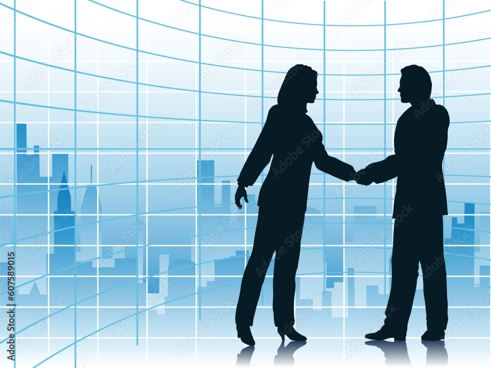 Editable vector illustration of business people shaking hands with a city background Editable vector illustration of business people shaking hands with a city background