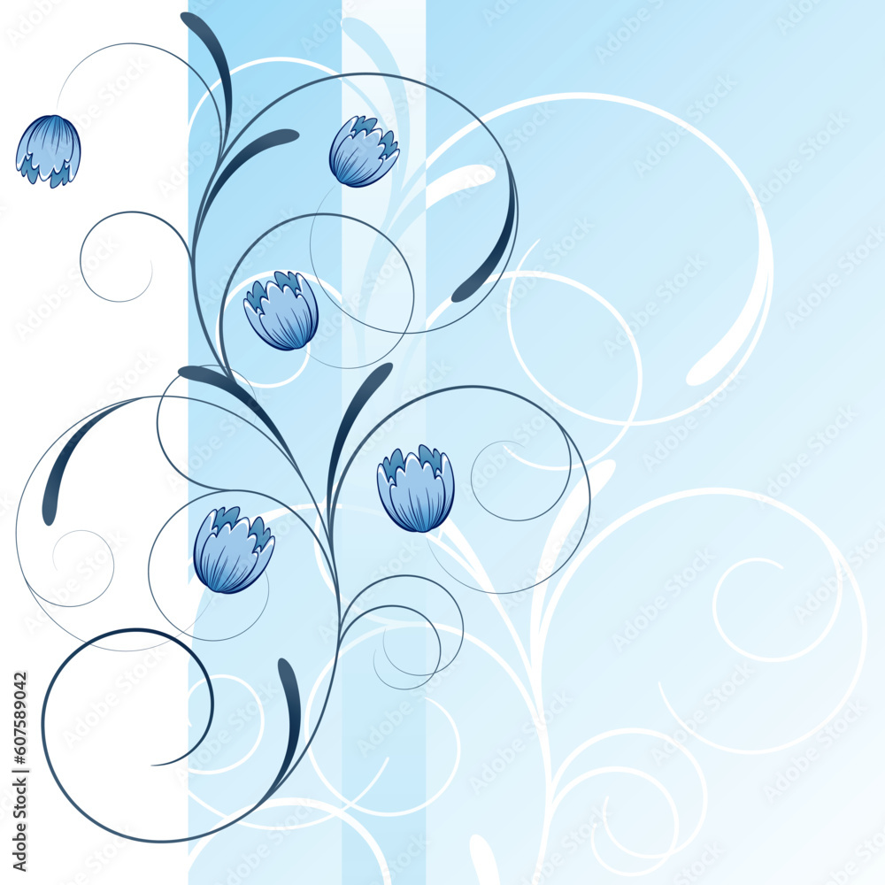 Spring blue background with flowers and swirls Spring blue background with flowers and swirls