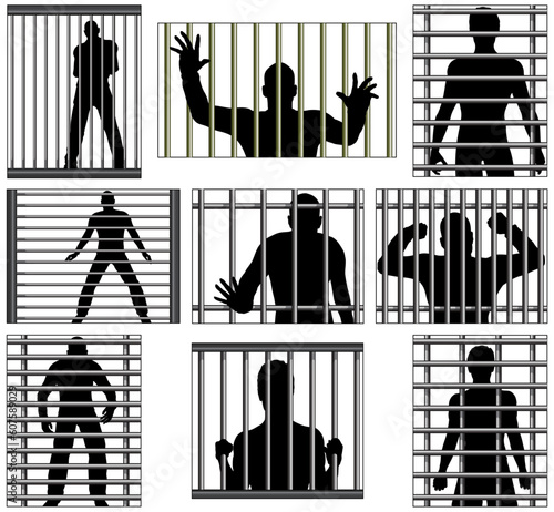 Set of editable vector designs of men behind prison bars