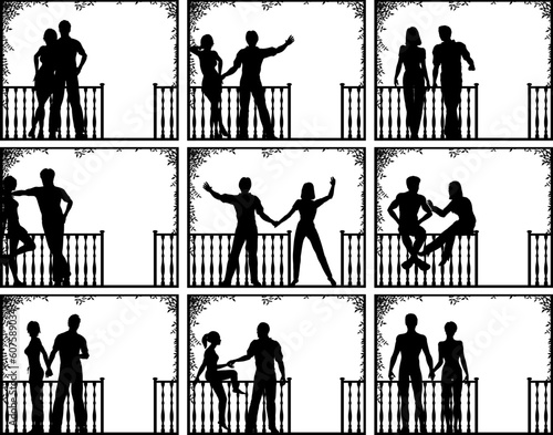 Set of editable vector illustrations of couples on a porch with people as separate objects