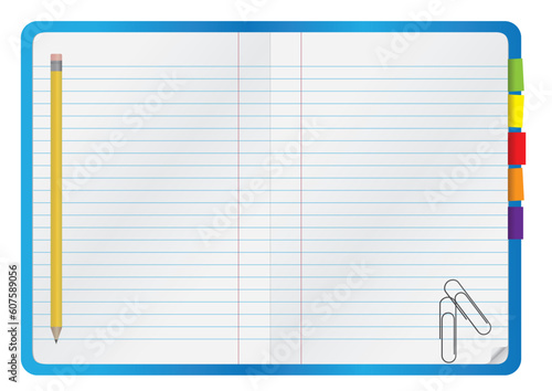 Blue notebook with a yellow pencil and paperclips