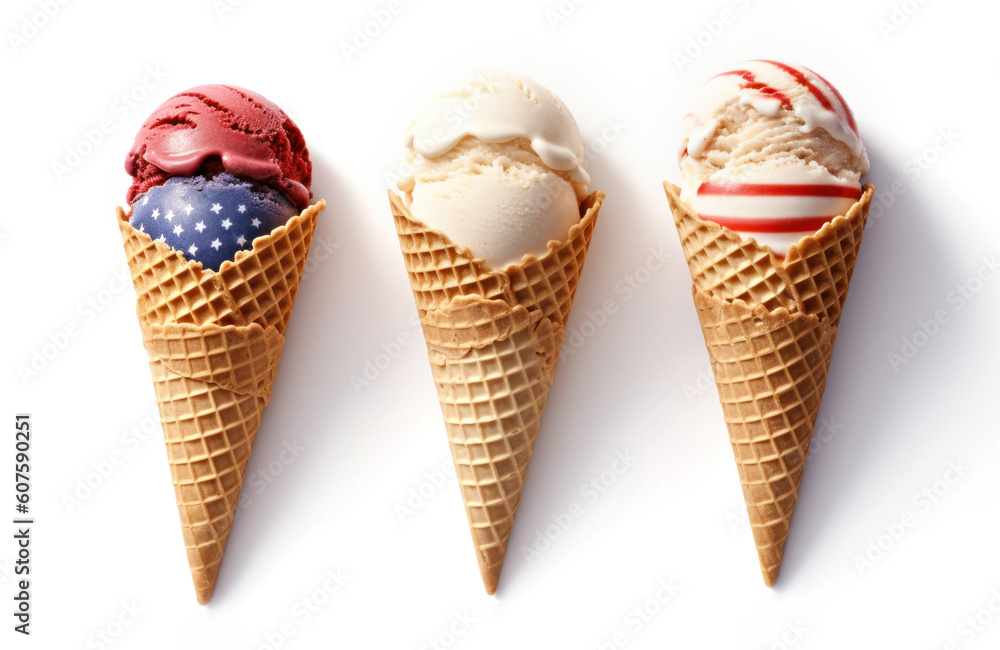 three ice cream cones with the colors of the american flag on a white background. ice cream day in America. Generative AI three ice cream cones with the colors of the american flag on a white background. ice cream day in America. Generative AI