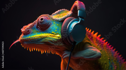 Chameleon in headphones. Chameleon leastening music. Generative AI