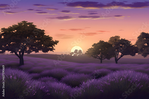 A magical twilight scene over a peaceful lavender field, with the soft purples of the flowers complementing the dusky sky. AI-Generated. © Yaroslav