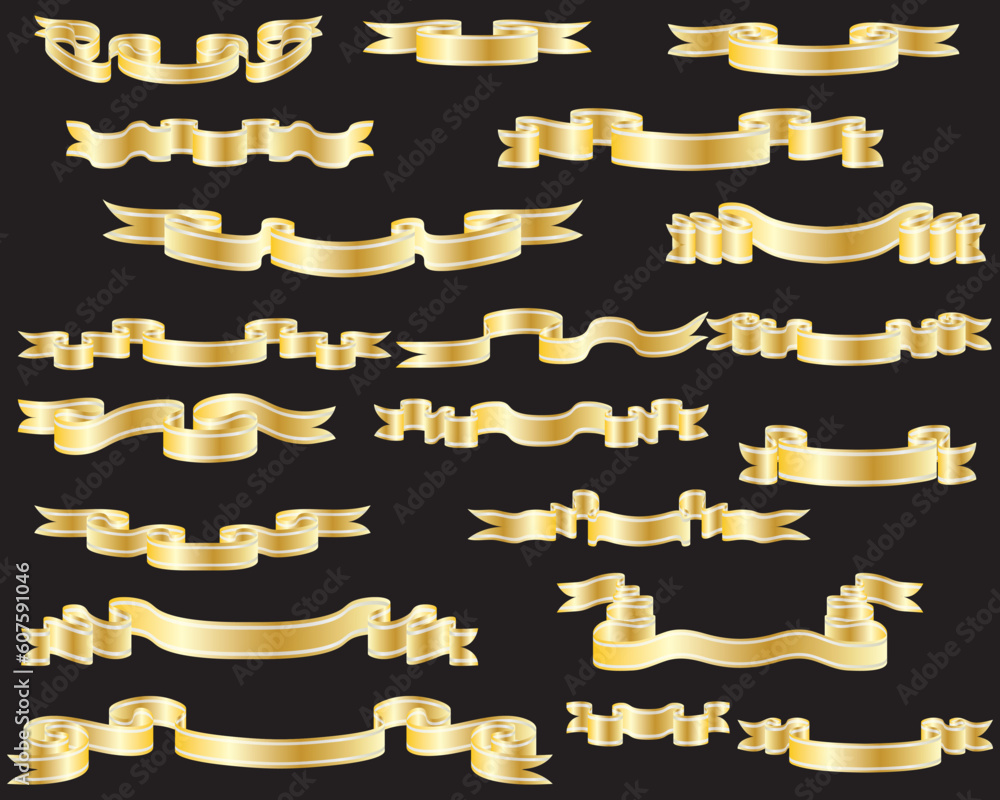 Set of golden ribbons with silver stripes. Vector illustration.