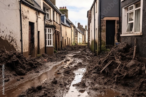 houses and the street are filled with mud after the mudflow. the concept of property insurance against accident and natural disaster.Generative AI