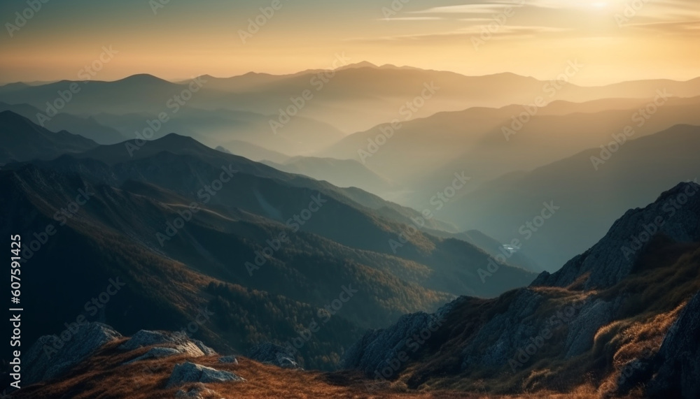 Majestic mountain peak, tranquil sunrise, panoramic landscape generated by AI