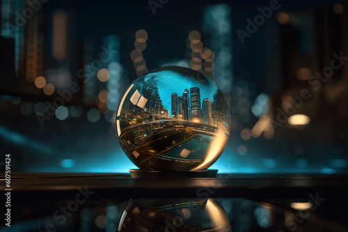 A crystal ball sitting on top of a table. AI generative image of city skyline at night reflected in the ball in cyan, blue and orange lights.