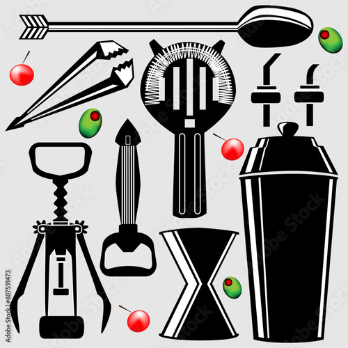 Bartending Tools in Vector silhouette - corkscrew, shaker, strainer, bottle opener