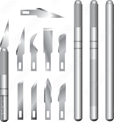 Detailed vector illustration of hobby and utility knife handles and blades.