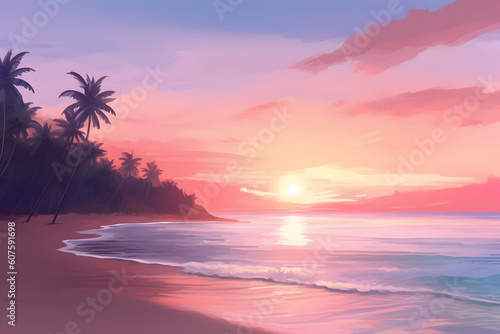 A soothing tropical beach at dawn, with calm waves lapping at the shore, and the sky painted with soft hues of orange, pink, and purple. AI-Generated.