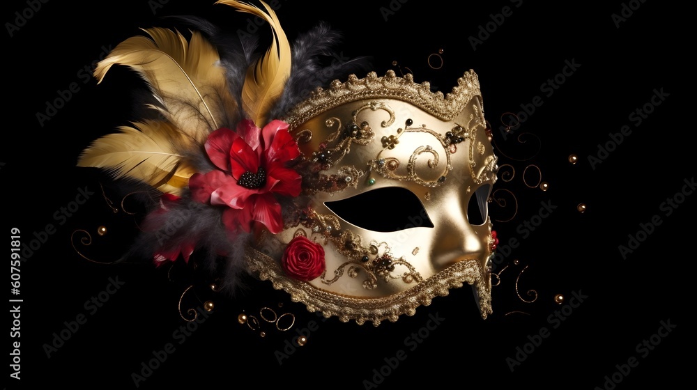 Naklejka premium A gold half face carnival mask festival high detail beautiful isolated on black background for concept and commercial used. Generative AI technology.