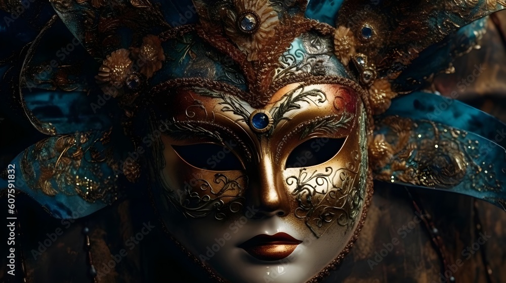 A blue gold with gold detail full face carnival mask festival beautiful with studio shot for concept and commercial used. Generative AI technology.