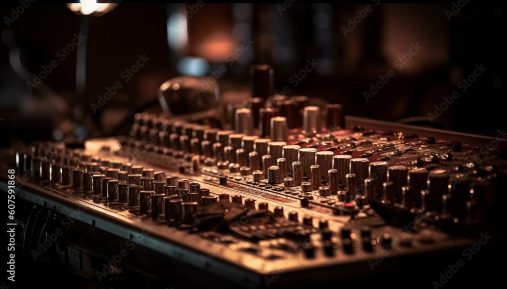 Producer adjusts sound levels on mixing desk generated by AI