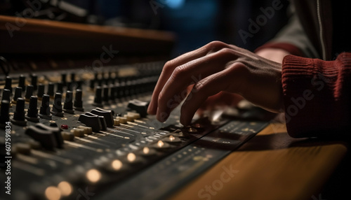 Hand pushing knob on sound mixer equipment generated by AI