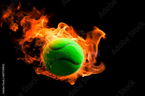 Green tennis ball flies and burns with flame on black background Generative AI © zakiroff
