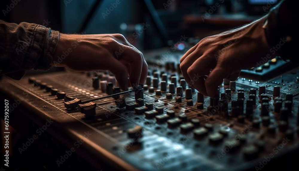 Expert sound engineer adjusting mixing equipment at nightclub generated by AI