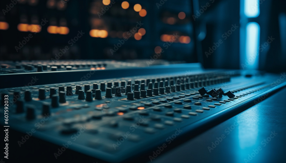 Electric mixer knobs in a row illuminated blue generated by AI Electric mixer knobs in a row illuminated blue generated by AI
