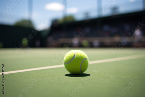 Tennis ball close-up lies on a green tennis court with copy space Generative AI © zakiroff