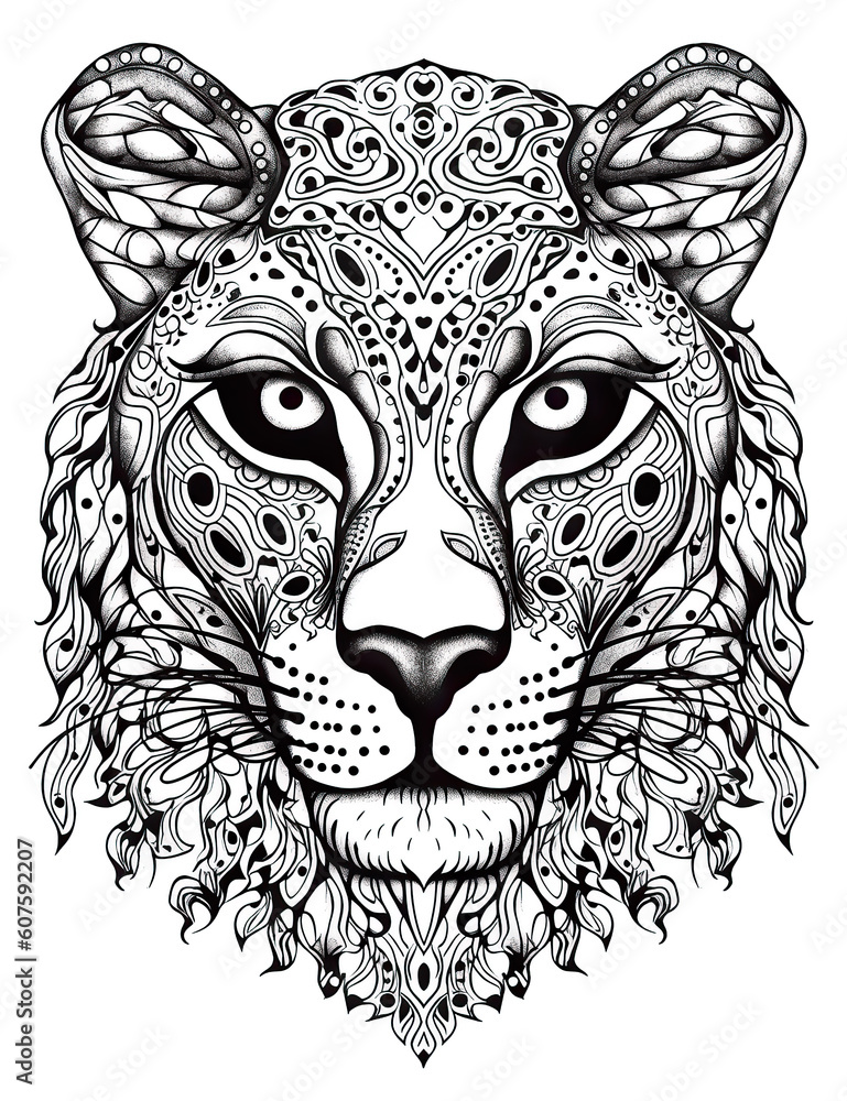 Obraz premium Cheetah head black white illustration, outline for coloring book page, generative AI coloring card