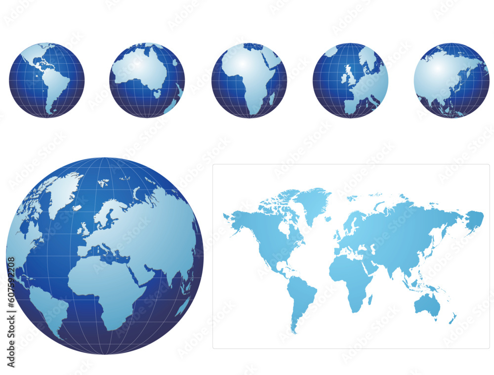 Global icons and map blue and light blue