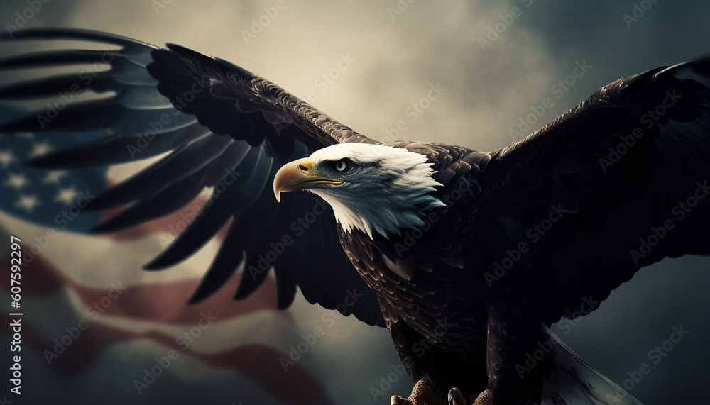 Fototapeta premium Majestic bald eagle flying with spread wings generated by AI