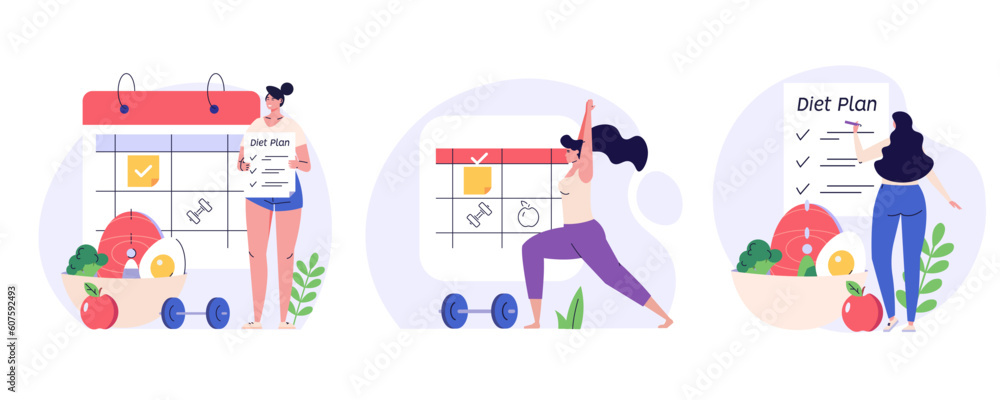 Diet plan illustration set. Women planning diet with calendar and fresh vegetable. Collection of meal plan, nutrition consultation, balance diet. People control weight. Vector flat cartoon design